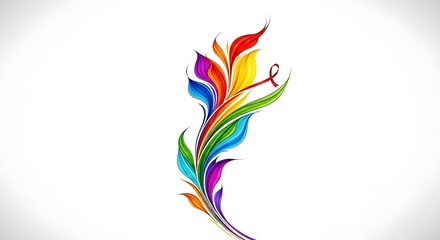 Abstract colorful floral design with red ribbon on a plain white background illustration art