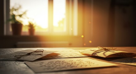 Letters tied with strings on wooden table with sunlight streaming in  