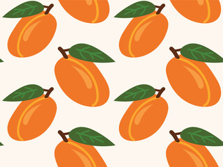 Fruits of apricot on a white color background. Apricot with leaves vector pattern