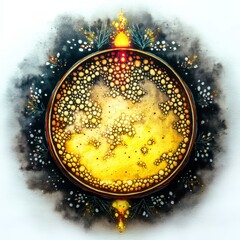 Abstract Golden Circular Artwork with Dark Splashes