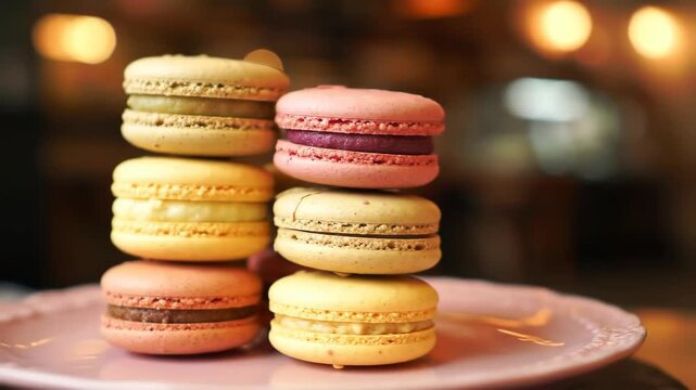 Stacked colorful macarons on a pink plate, delicious sweet treats in a bakery setting, close-up food photography with blurred background