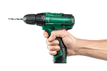 Hand holding a green cordless drill.
