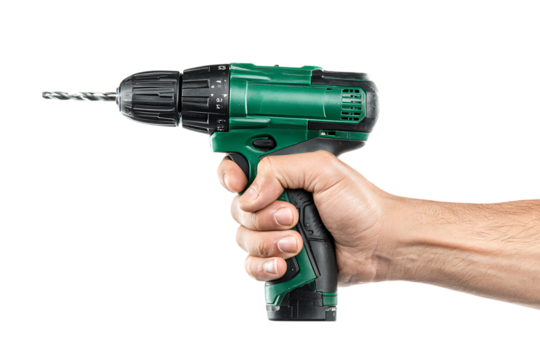 Hand holding a green cordless drill.