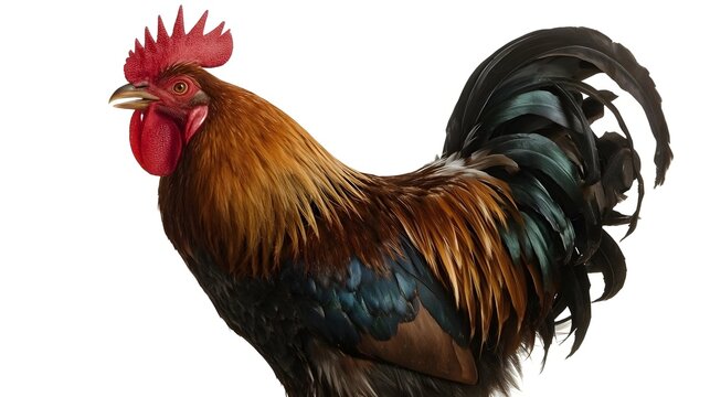 Crowing Rooster on White Background with Realistic Details
