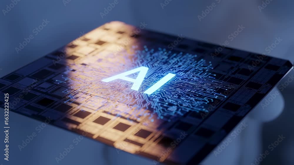 Poster silicon wafer with ai text overlay in clean circuit design