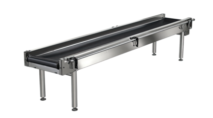 Stainless steel conveyor belt.  Industrial food grade belt system.  Long, horizontal,  metal frame supports.  Dark rubberized belt.  Modern design
