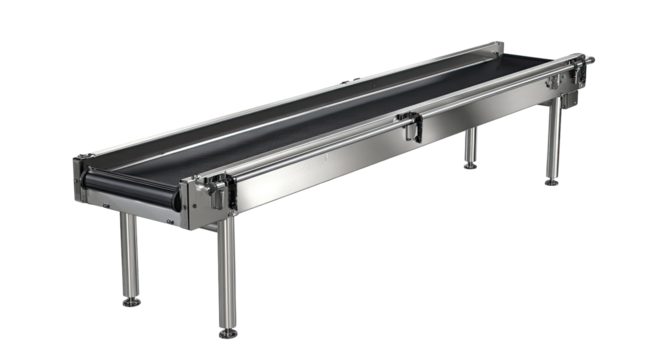 Stainless steel conveyor belt.  Industrial food grade belt system.  Long, horizontal,  metal frame supports.  Dark rubberized belt.  Modern design