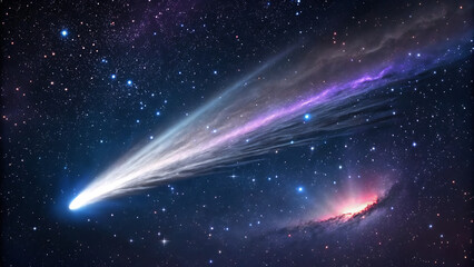 Comet with Plasma Tail Streaming Through Starry Sky