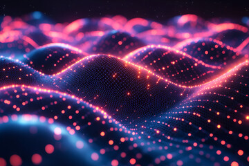 Abstract futuristic background with flowing digital waves of glowing pink and blue particles.