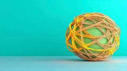 Abstract Green Sphere Wrapped in Golden Threads on Teal Background