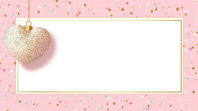Valentine poster and wallpaper: heart ornament with gold glitter, pink background, confetti, golden frame, elegant blank template for romantic greeting card design