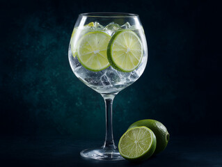 Refreshing gin and tonic cocktail with fresh lime slices and ice in a stylish glass served on a dark background