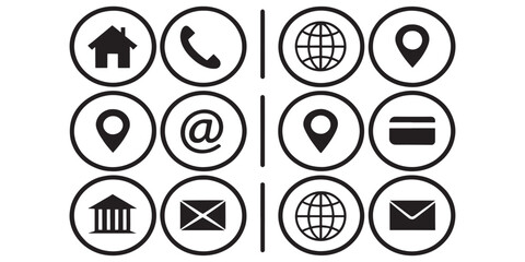 Business card icon set. Contact Us design template. Editable stroke sign pack. Contains icons - name, phone, location, website, address, mail, email, office, mobile, and chat symbol.