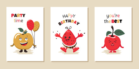 Fototapeta premium Templates for greeting cards, holiday cards, and party invitations with funny characters. Funny watermelon, cherry, and apple. Modern hand-drawn vector illustration.