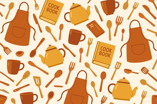 Kitchen utensils and cooking accessories in warm tones set against a simple background