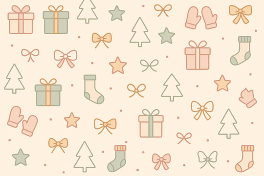 Festive holiday pattern with gifts, trees, and ornaments on a light background