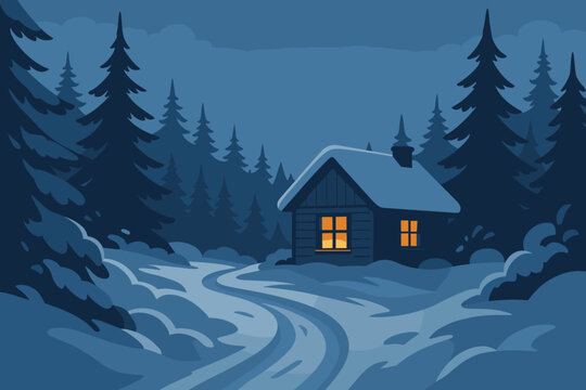 Cozy cabin illuminated in winter landscape at dusk surrounded by tall pine trees