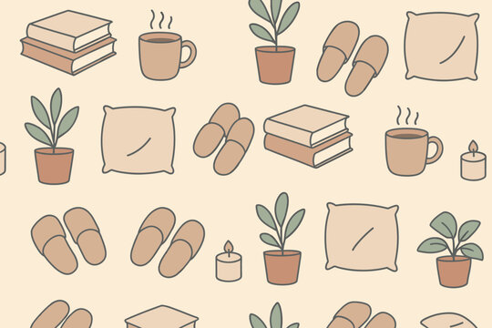 Home decor pattern with cozy elements like plants, mugs, books, and pillows in warm colors, perfect for creating a relaxing atmosphere