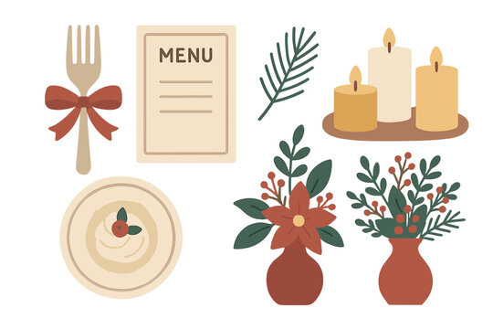 Elegant dining setup featuring a menu, floral arrangements, and candles for a festive celebration