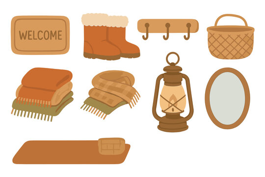 Cozy autumn elements create a welcoming atmosphere with boots, lanterns, and warm blankets