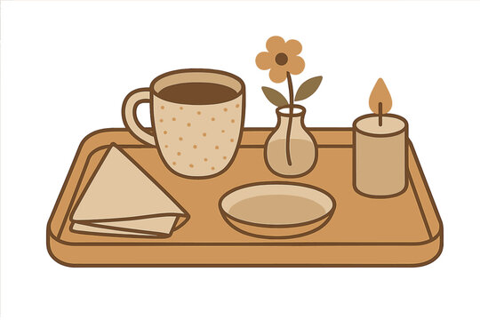 Simple breakfast tray with coffee, flower vase, candle, and napkin arranged on a wooden surface