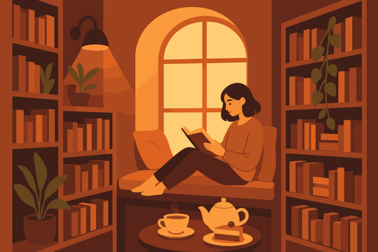 Cozy reading nook with a woman enjoying a book and tea in a warm, inviting library during afternoon light