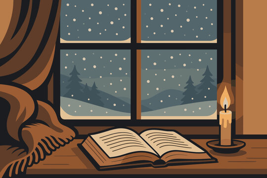 Warm candlelight illuminates an open book by a window during a snowy evening