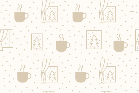 Warm and cozy winter pattern featuring coffee cups and festive decor with trees in a relaxing interior setting
