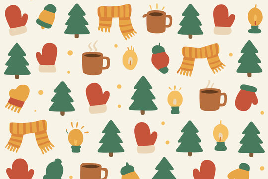 Festive winter pattern featuring trees, mittens, mugs, and cozy accessories in warm colors