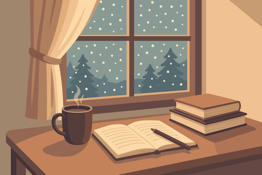 Cozy winter scene with snowfall outside a window and a warm drink on a desk at dusk