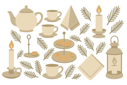 Elegant tea party setting with candles, baked goods, and decorative accents in neutral tones
