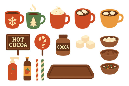 Cozy winter hot cocoa preparation with festive mugs, toppings, and sweet treats in a warm setting