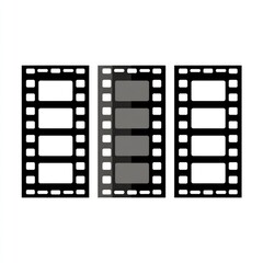 Obraz premium Three film strips, black and white, on white background. Each strip shows a series of rectangular frames, one dark gray frame within each