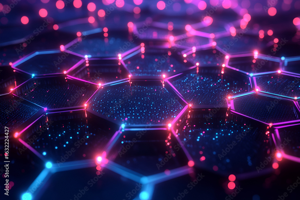 Poster abstract digital illustration of interconnected hexagonal shapes with glowing lines and points, crea