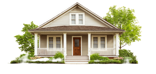 Beige-colored, classic-style house with a covered front porch and landscaping