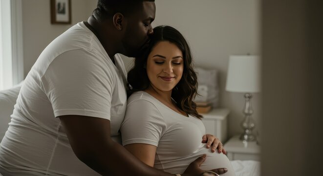 Expecting couple sharing tender moment in cozy bedroom 