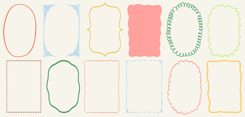 Cute wavy wedding frame, vector hand drawn oval vintage border set. Coquettish celebration design. Elegant classic line decoration background, simple postcard decor. Whimsical invitation frame set.