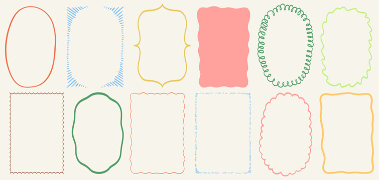 Cute wavy wedding frame, vector hand drawn oval vintage border set. Coquettish celebration design. Elegant classic line decoration background, simple postcard decor. Whimsical invitation frame set.