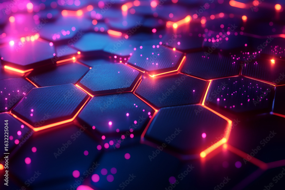 Poster abstract futuristic background with glowing orange hexagonal shapes and floating pink particles, cre