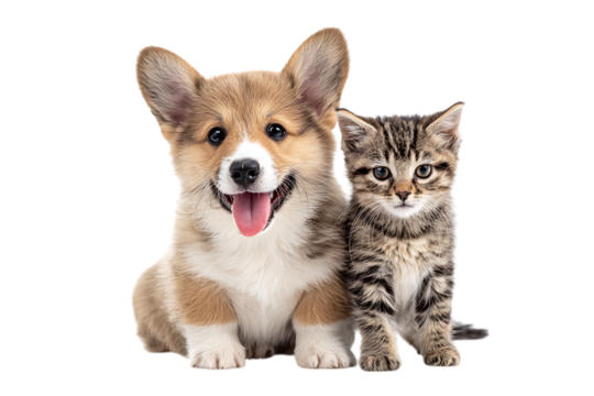 Adorable corgi puppy and tabby kitten together.