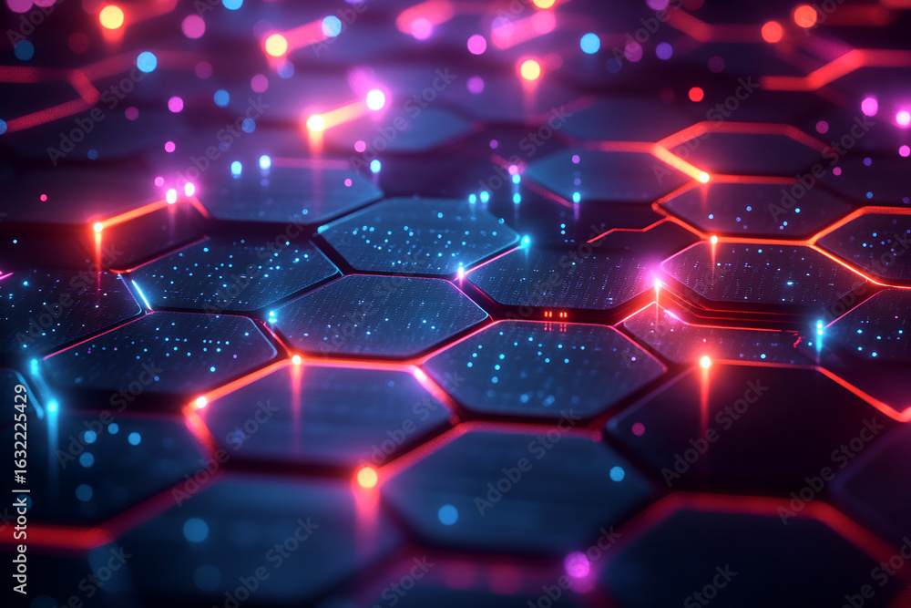Poster glowing hexagonal grid with vibrant neon lights and sparkling particles, representing a futuristic d
