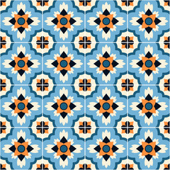Repeating geometric pattern inspired by traditional spanish azulejo tiles, featuring stylized floral motifs in blue, orange, and black