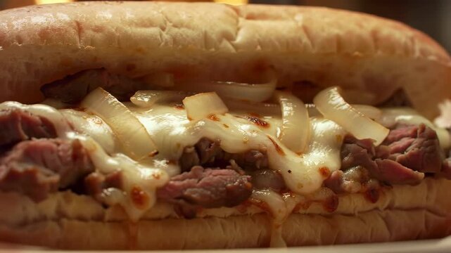 Mouthwatering close-up of a cheesesteak sandwich with melted cheese and onions on a toasted roll, perfect for food lovers and cooking enthusiasts