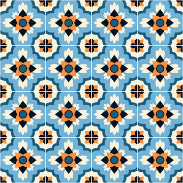 Repeating geometric pattern inspired by traditional spanish azulejo tiles, featuring stylized floral motifs in blue, orange, and black