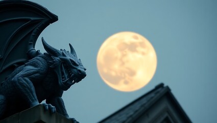 Fototapeta premium Guardian of the Night A Dragon Statue Silhouetted Against the Full Moon