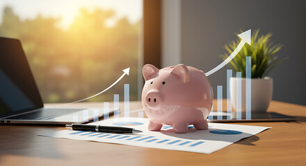 Financial Growth and Investment Concept with Piggy Bank, Graphs, and Office Setting