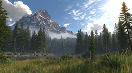 Snowy mountain peak overlooking a lush forest and river.