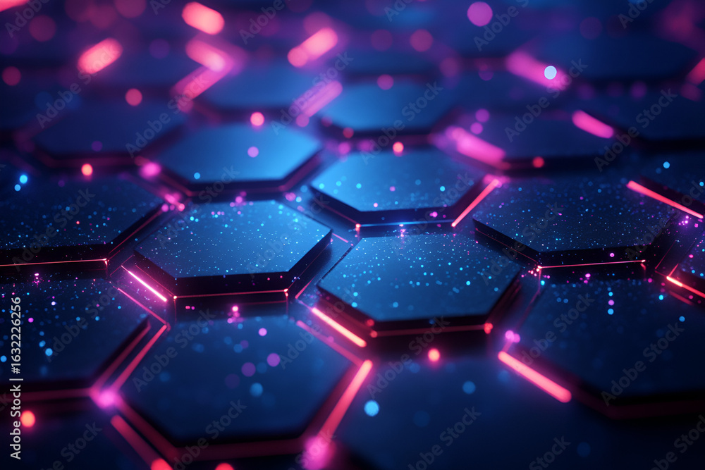 Poster dynamic digital network of illuminated hexagons with sparkling particles in vibrant blue and magenta