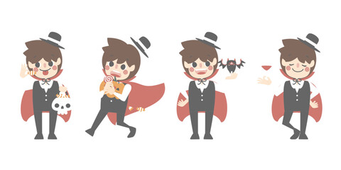 Fototapeta premium happy halloween holiday festival with boy wearing count dracula vampire costume holding pumpkin basket with candy set, flat vector illustration cartoon character design