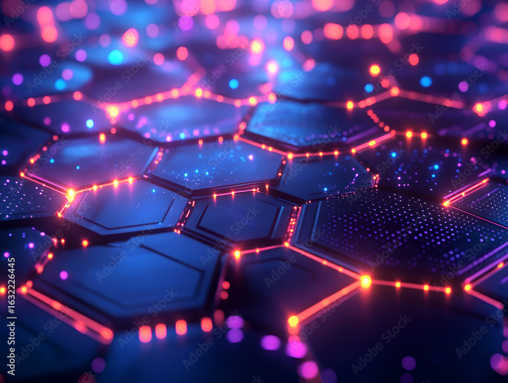 Poster abstract digital network of glowing hexagonal cells with vibrant blue and orange lights, representin